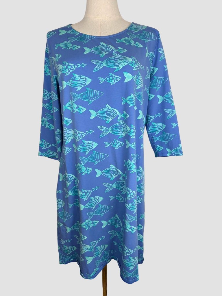 Hiho Dress Sz L Fish Print Blue Shift 3/4 Sleeves Tropical Resortwear Cotton Euc
